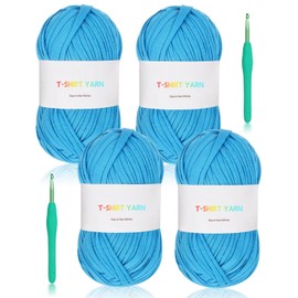 Reessy 4 ×100g T Shirt Yarn for Crocheting, 130 Yards T Shirt Yarn Set with 2 Crochet Hooks, Elastic Fabric Cloth for Crochet Bag, Basket, Cushion-Super Easy for Beginners to Learn Crochet (Blue)
