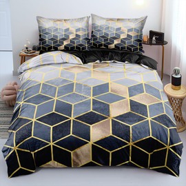 Luowei 3D Bed Linen 155 x 220 cm White Geometric Grid Bedding Set Teens Adult Microfibre Honeycomb Duvet Cover with Zip and Pillowcases 80 x 80 cm