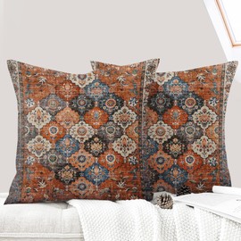 ECZOIL Set of 2 Boho Cushion Covers, 45 x 45 cm, Bohemian Flowers, Decorative Cushion Cover, Flax, 18 x 18 Inches, Double-Sided Print, Decorative Cushion Cover for Living Room, Sofa, Bedroom, Flowers,