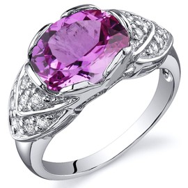 PEORA Created Pink Sapphire Ring for Women in Sterling Silver, Vintage Scallop Design, Oval Shape 3.50 Carats, Comfort Fit, Size 7, Engagement, Promise, Anniversary Ring, w/Jewelry Box