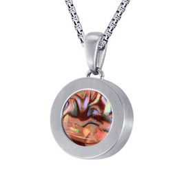 Quiges Silver Stainless Steel Matte 12mm Mini Coin Pendant Holder and Natural Red with Orange Abalone Shell Coin with Box Chain Necklace 42 + 4cm Extender