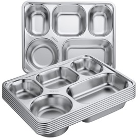 Foaincore 8 Pack 304 Stainless Steel Divided Plates Rectangular Portion Control Plates with Compartments Unbreakable Metal Food Tray for Lunch, Dinner, Camping, Heavy Gauge (5 Compartment)