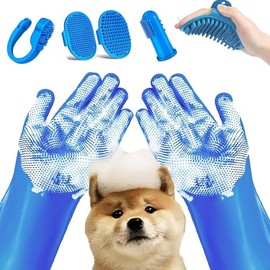 THJOPOKEEL 6 Piezas Pet Grooming Set - Dog Bath Brush + Kit de Guantes de Limpieza (Incluye Cepillo de champú + Cepillo de Dientes) - Herramienta de baño y Aseo Universal para Gatos y Perros.