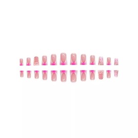 24Pcs French Press on Nails Short Duck Fake Nails Nude Nails Press ons with Pink Flower Gold Pearls Designs Glossy False Nails Full Cover Acrylic Nails Cute Glue on Nails for Women