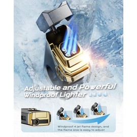 Torch Lighter 4 Jet Flame Lighter with Cutter, Punch, Holder, Draw Enhancer Tool, Multi-Functional Accessories Gifts Box for Men, Adjustable Refillable Butane Lighters for Candles, Outdoor Travel