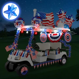 46 PCS 4th of July Golf Cart Decorations, Patriotic Independence Day Decor with Luminous Pentagram Rope, Balloons, Flags, Windmill and Tassel, Used for Outdoor Party, Parade, Yard Decorations