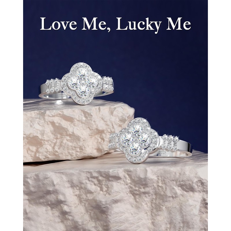 RoseShadow Sterling Silver Moissanite Clover Rings for Women Lucky Rings