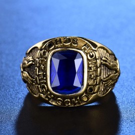 MASOP 316L Stainless Steel Comfort Ring Men Engraved Eagle High School Crystal Gold Color Size 12