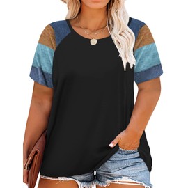ROSRISS Plus Size Tops for Women 3X Raglan Short Sleeve Tops Color Block Tunics Black 22W