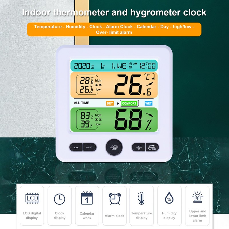 LCD Electronic Alarm Clock Temperature Humidity Monitoring Alarm for Indoor
