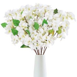 Tozeurty 5 Pcs White Fake Bougainvillea 27.5" Vintage Bougainvillea Artificial Flowers for Wedding Party Home Room Bathroom Patio Aisle Bridal Bouquet Table Vase Decor(White)