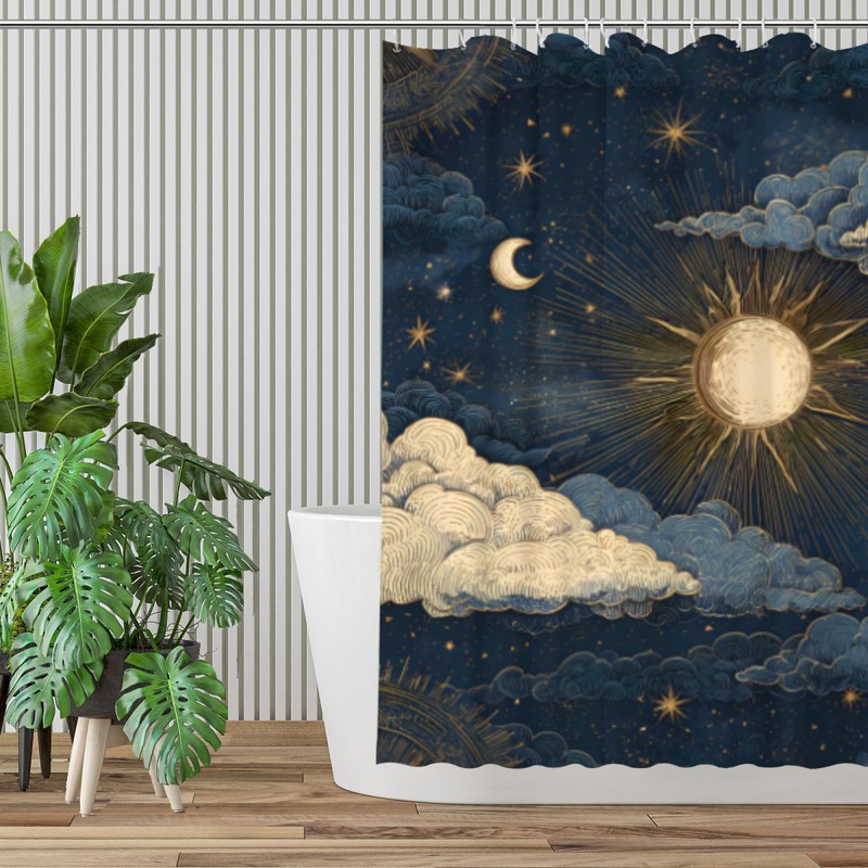 Celestial Shower Curtain with Sun Moon Stars, 72x72 Inches