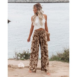 Angerella Women's Comfy Casual High Waisted Loose Pants Trendy Floral Print Wide Leg Palazzo Lounge Pants,Brown 3XL