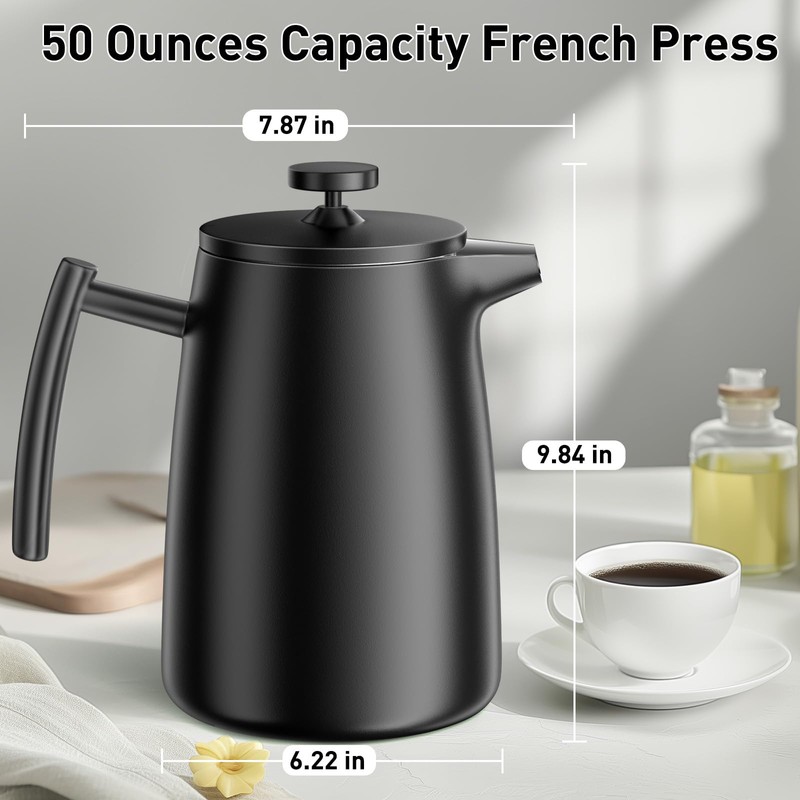 Secura 50oz French Press Coffee Maker – 304 Stainless Steel,
