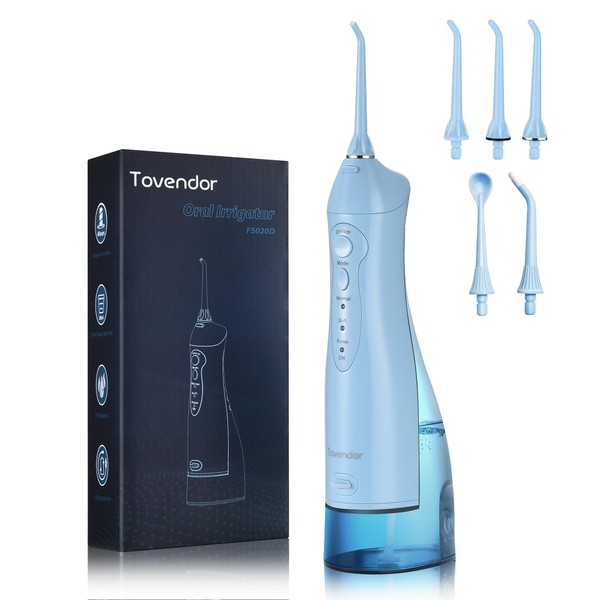 TOVENDOR Electric Water Flosser, Cordless Dental Oral Irrigator - 3 Modes, 3 Tips for Family Hygiene (300ML, Waterproof Waterflosser)