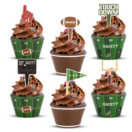 Hooqict 48 Pack Football Cupcake Toppers and Wrappers Football Cupcake Decorations Football Game Day Party Supplies Cupcake Picks for Sports Theme Birthday Party Decorations