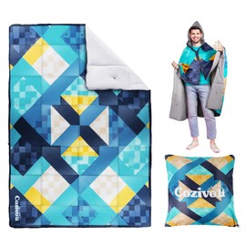 Camping Blanket, 2-in-1 Wearable Puffy Camping Blanket with Hood & Snap Buttons Waterproof Lightweight Travel Blanket Converts to Pillow for Backpacking, Beach, Picnics, Stadium(Kaleidoscope)