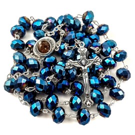 Nazareth Store Deep Blue Crystal Beads Rosary Catholic Necklace Holy Soil Medal and Crucifix Cross Velvet Bag