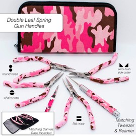 The Beadsmith Pink Camouflage Print Pliers – 6 Inch Tools, 6 Piece Kit: Chain Nose, Round Nose, Bent Chain Nose, Side Cutter, Tweezers & Reamer with Zippered Pouch – Tools Set for Jewelry Making