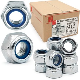 Locking Nuts M12-10 Pieces DIN 985 Self-Locking Nuts with Nylon Ring Galvanised Steel Stop Nuts Hex Nuts