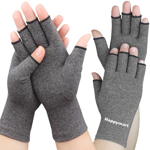 Happymart 2 Pairs Arthritis Gloves for Women for Pain, Compression Gloves for Hand Pain Relief, Rheumatoid & Osteoarthritis, Fingerless Gloves for Women & Men, Typing (Grey, Medium)