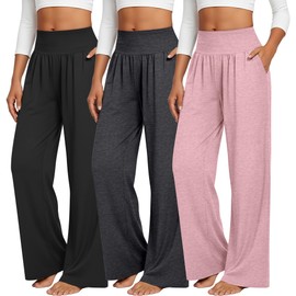 Neer 3 Pack Women's Wide Leg Yoga Pants, Comfy Lounge Pants with Pockets Ladies' Stretch Sweatpants Elastic Waist Joggers(Small,Black, Dark Gray, Pink)