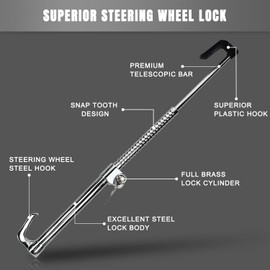 ROADGIVE Steering Wheel Lock Anti-Theft Device, Retractable Universal Brake Lock Bar, Adjustable Car Clutch Pedal Lock Security for Car Truck SUV Van Security with 2 Keys (Silver)