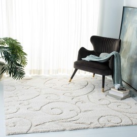 SAFAVIEH Florida Shag Collection SG455 Scrolling Vine Graceful Swirl Textured Non-Shedding Living Room Bedroom Dining Room Entryway Plush 1.2-inch Thick Area Rug, 5'3" x 7'6", Cream / Cream