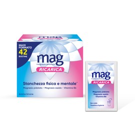 Mag Ricarica - Integratori per Adulti con Magnesio Pidolato, Magnesio Ossido, Vitamina B6 per Stanchezza Fisica e Mentale - Senza Glutine, Senza Lattosio (MaxiFormato 42 Bustine Aroma Limone)