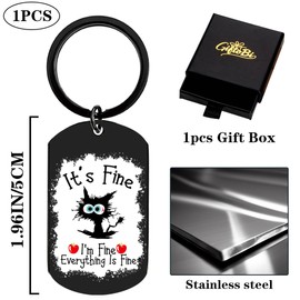 GiftoBi I'm Fine Everything is Fine Novelty Keychain, 1PC Metal Laser Engraved Black White Cat Keyring Charm, Funny Car Keys Chain for Backpack Purse Accessory