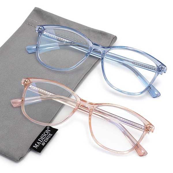 Madison Avenue-Paquete de 2 gafas de lectura cuadradas Vintage TR90 con bloqueo de luz azul para mujeres, lectores de computadora antideslumbrantes/cansancio ocular azul/marrón 1,0