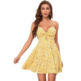 Floerns Women's Boho Floral Print Twist Front Cami A Line Mini Dress Yellow M
