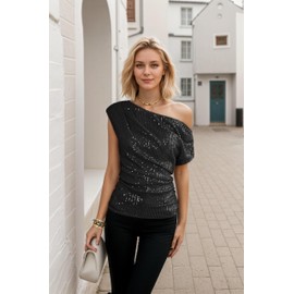 Biojobelf Black Sequin Shirts for Women，One Shoulder Sparkling Ruched Asymmetrical Glitter Tops