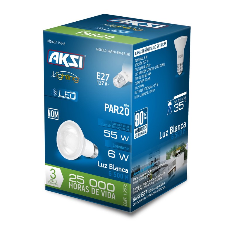 Aksi Foco LED PAR20 E27, Luz Blanca, 6 Watts