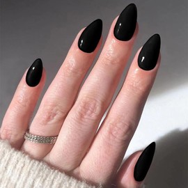30 Pcs Black Press On Nails Short Oval,AZTSYT Black Acrylic Nails Press Ons,Short Almond Nails Glue on,Black Solid Color Fake Nails,Natural Round Stick On Nails Set For Tiny Average Wide Nail Beds