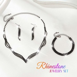 Reaky Bridal Jewelry Sets Silver Rhinestone Earrings and Necklace Wedding Prom Jewelry Set for Women(Pack of 3) (Black)