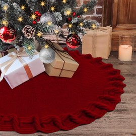 Weldomcor Red Knitted Christmas Tree Skirt 48 Inches Vintage Xmas Tree Skirt, Large Boho Knit Burgundy Under Tree Rug Skirt Rustic Farmhouse Decorations for New Year Holiday Party Indoor Home Decor