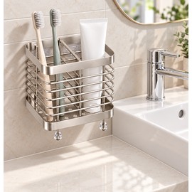 Stainless Steel Toothbrush Holder for Bathroom – 2-Slot Wall-Mounted Organizer for Toothbrush and Toothpaste Storage
