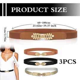 YGCQFH 3Pcs Skinny Belts for Women, Golden Leaf Buckle Elastic Bands Ladies Elasticated Belt, Fashion Waist Belt Women's Belts, Vintage Belts for Women, High Waisted Buckle Waist Accessory for Skirts