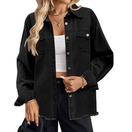Elesomo Womens Oversized Denim Jacket Button Down Long Sleeve Jean Shacket Casual Fall Fashion Clothes, Black S