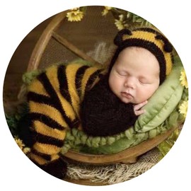 Newborn Photography Props Boys Mohair Bee Sleeved Stretch Hat Romper Baby Photo Props Outfits Hat Footed Bodysuit Photoshoot (Brown)