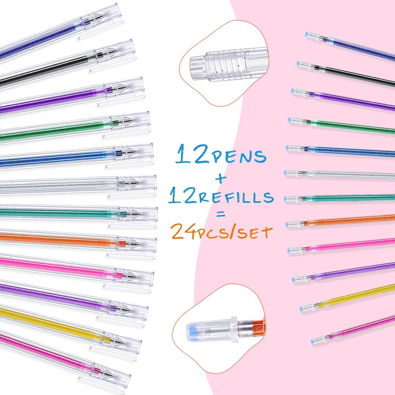 Wincredulous 24Pcs Glitter Ballpoint Pens & Refills Set (Multicolor, 24Pcs)