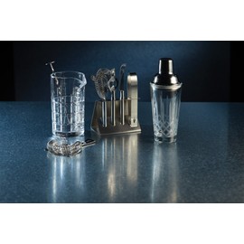 Barcraft Cut Cocktail Mixing Glass with Stirring Spoon and Strainer (3-Piece Set), 9.5 x 11 x 16.5 cm, Clear