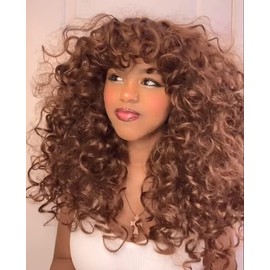 CoCrowns Curly Wig with Bangs for Black Women Long curly Shag Synthetic Hair Wigs Daily Use Cosplay 17 Inch (Brown)