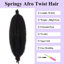 COOKOO 8 Packs Pre-Separated Springy Afro Twist Hair 30 Inch Soft Synthetic Marley Twist Crochet Braiding Hair For Natural Kinky Twist Hair Extensions Spring Twist Crochet Hair For Women (8 Strands/Pack 1B#)