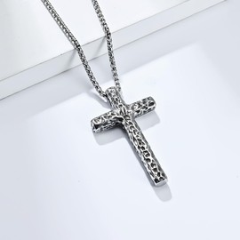 REchoLI Cross Necklace for Man,Stainless Steel Textured Silver/Black Cross Pendant Necklace Chain Christian jewelry 60 cm/23.6 inches (Silver)