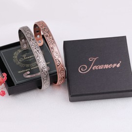 Jecanori 2Pcs Copper Magnetic Bracelet for Women Men,Vintage Flower Copper Bracelet 99.9% Solid Copper Bangles with Magnets Wristband with Gift Box for Valentine's Day Gifts