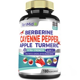 Cayenne Pepper Supplements Extract Capsules, 180 Capsules & Berberine, Apple, Turmeric Curcumin, Bitter Melon, Ginseng, Milk Thistle | Supports Heart Health, Promotes Digestive Function