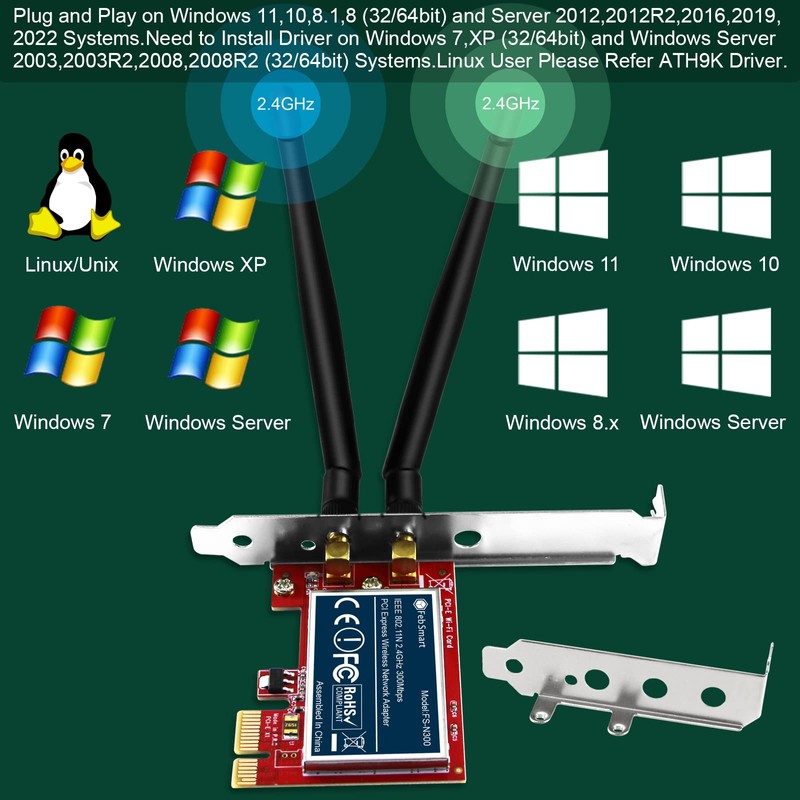 FebSmart Wireless N 2.4GHz 300Mbps PCIE Wireless Network Adapter for