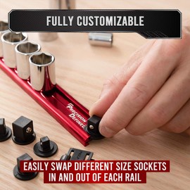 Precision Defined Aluminum Tool Socket Holder | Red, Single 1/4-Inch Socket Organizer x 16 Clips | Heavy Duty Socket Rails Organizer, Socket Storage, Socket Tray 360 Rotation